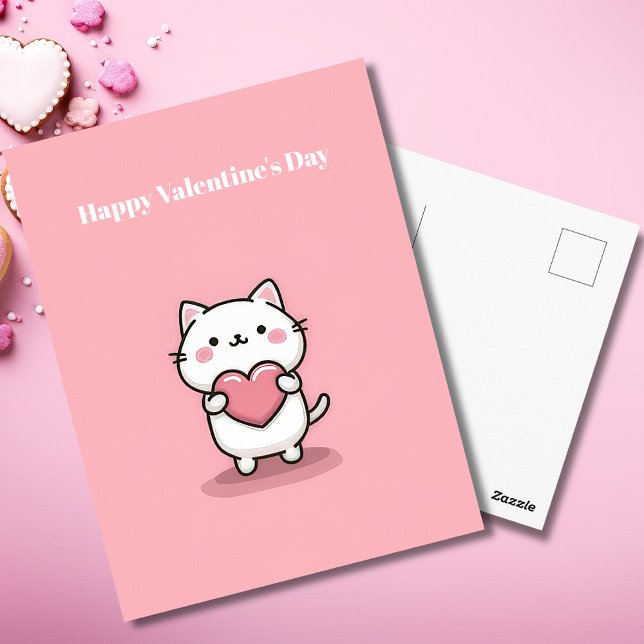 Cartão Postal Cute Kawaii Cat with Heart Valentine`s Day Card  (Criador carregado)