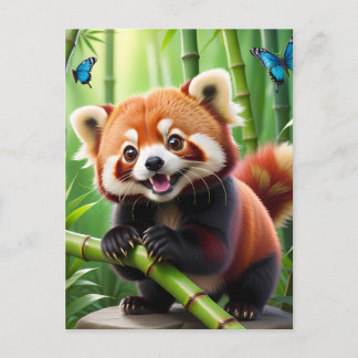 Cartão Postal Cute Kawaii estilo Red Panda em uma Floresta Bambo