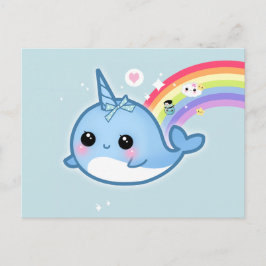 Cartão Postal Cute kawaii narwhow com arco-íris e estrelas-brilh