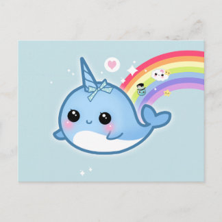 Cartão Postal Cute kawaii narwhow com arco-íris e estrelas-brilh