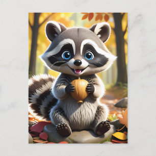 Cartão Postal Cute Kawaii style Racoon segurando uma bolota