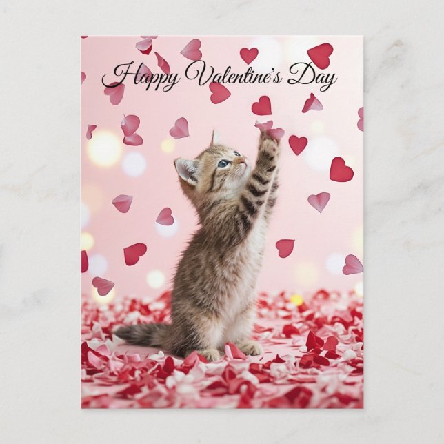 Cartão Postal Cute Kitten Catching Valentine Heart Petals (Frente)