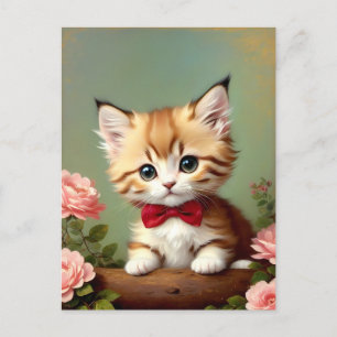 Cartão Postal Cute Kitten Vestindo um Arco Vermelho. Pintura a ó