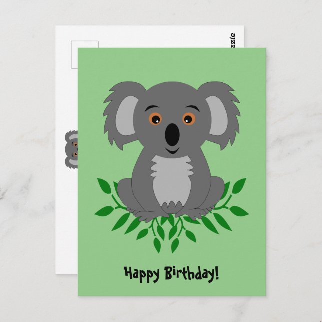 Cartão Postal Cute koala com aniversário de criança de eucalipto (Frente/Verso)