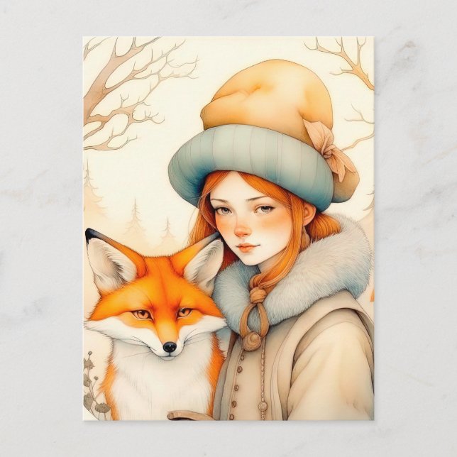 Cartão Postal Cute Little Girl With Fox Chritmas  (Frente)