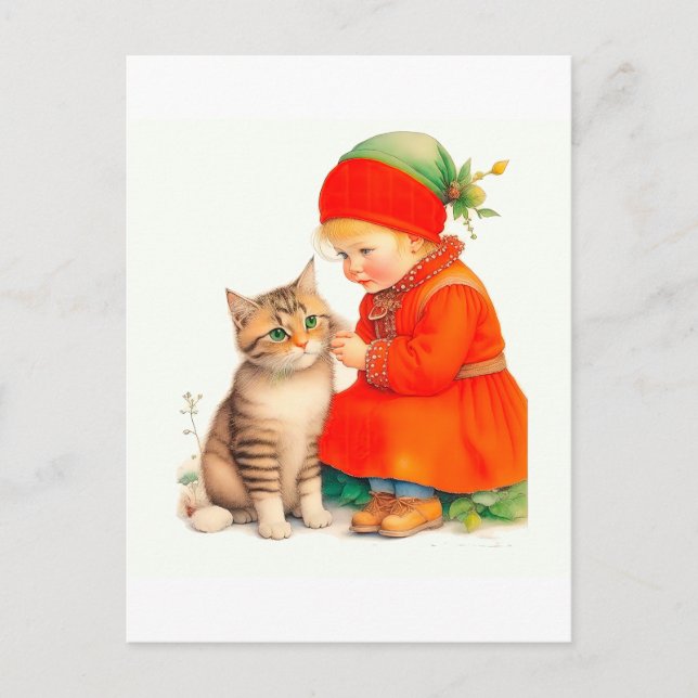 Cartão Postal Cute Little Girl With Kitten Chritmas  (Frente)