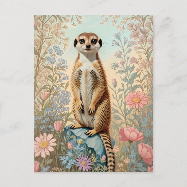 Cartão Postal Cute Little Meerkat Pastel Floral (Frente)