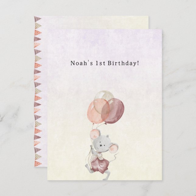 Cartão Postal Cute Little Mouse With Pink Balloons Invitation (Frente/Verso)