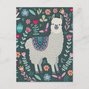 Cartão Postal Cute Llama Floral Design