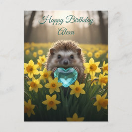 Cartão Postal Cute March Hedgehog with Aquamarine Heart
