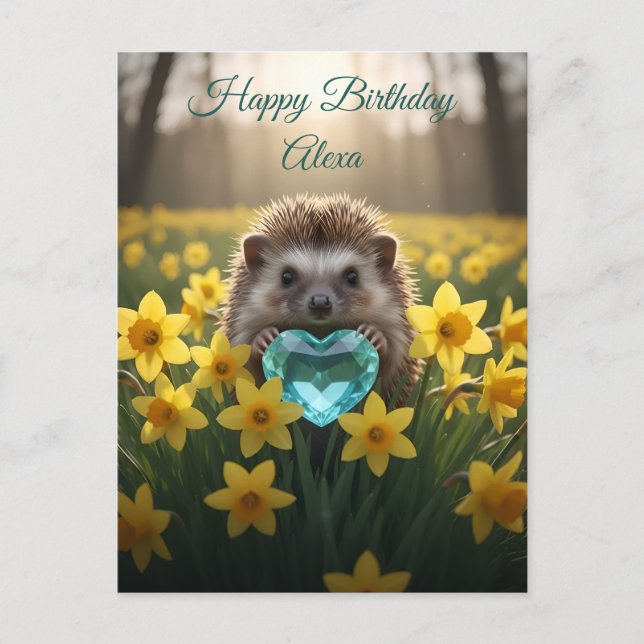 Cartão Postal Cute March Hedgehog with Aquamarine Heart (Frente)