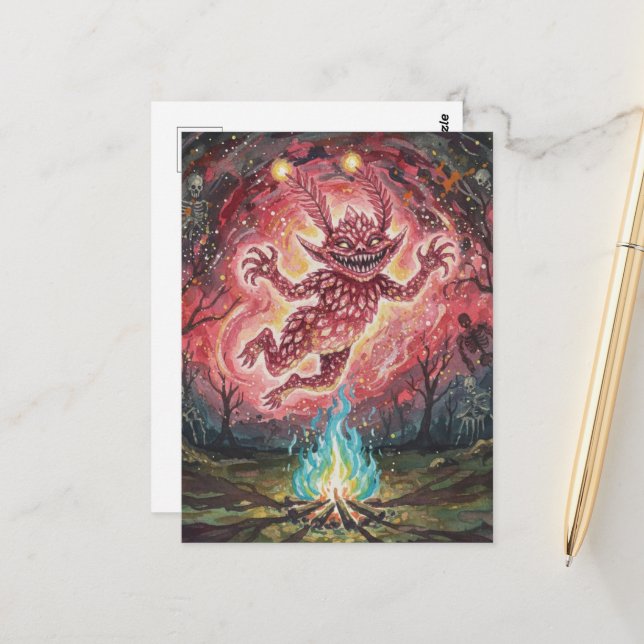 Cartão Postal Cute Monster at the Campfire (Frente/Verso In Situ)