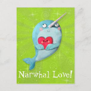 Cartão Postal Cute Narwhal com Coração