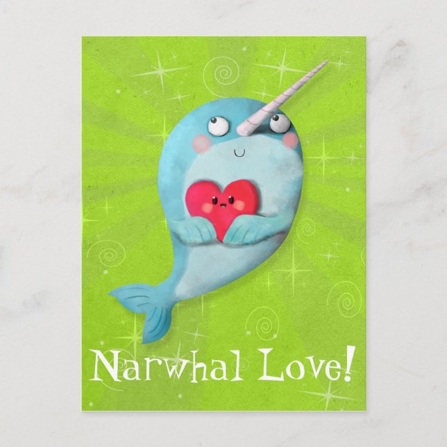Cartão Postal Cute Narwhal com Coração (Frente)
