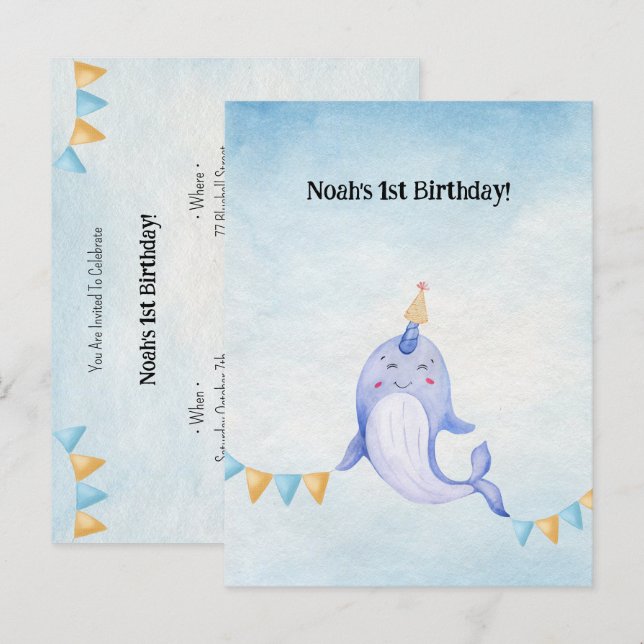 Cartão Postal Cute Narwhal Ocean Theme Narwal Birthday Invite (Frente/Verso)