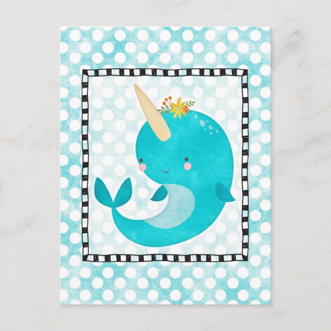 Cartão Postal Cute Narwhale - Turquoise Aqua Whale (Frente)