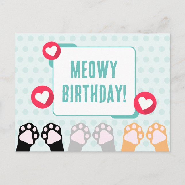 Cartão Postal Cute Patinhas de Gato Pontos Polka Azul Aniversári (Frente)