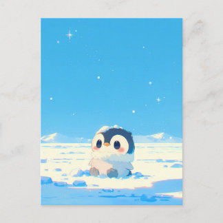 Cartão Postal Cute Penguin Chick in Starry Arctic Landscape