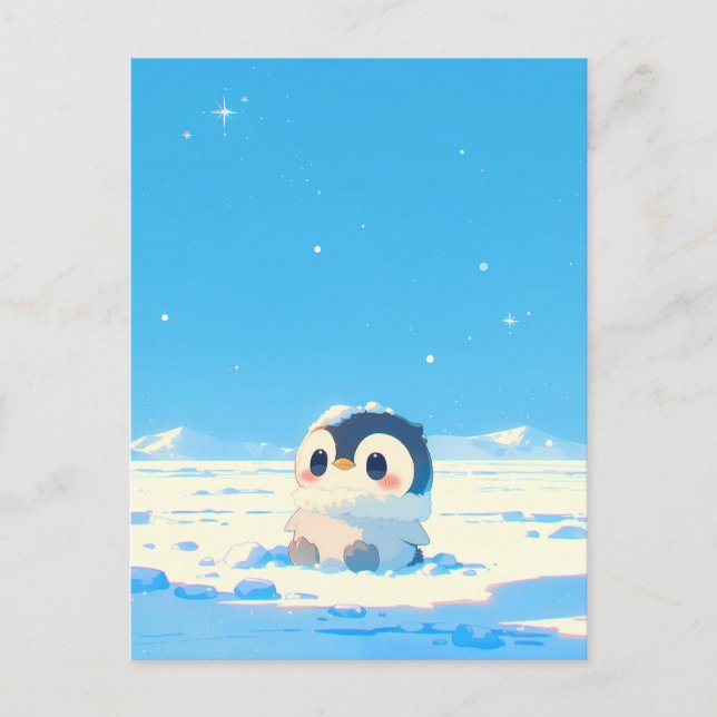 Cartão Postal Cute Penguin Chick in Starry Arctic Landscape (Frente)