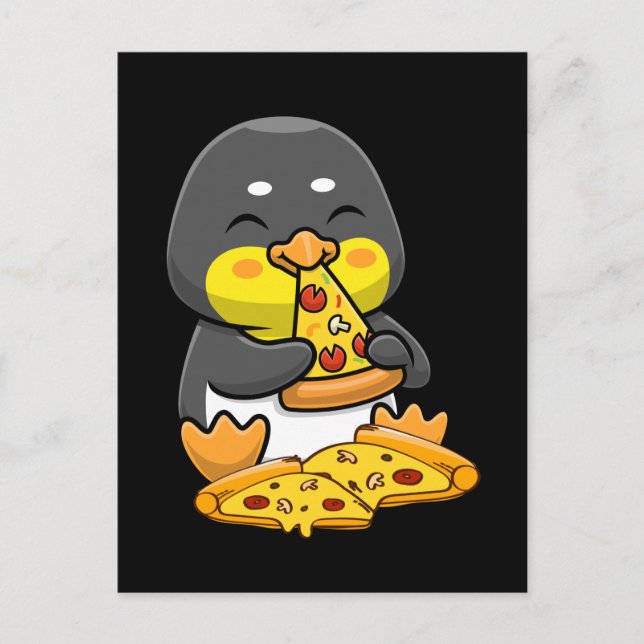 Cartão Postal Cute Penguin eating Pizza (Frente)