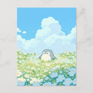 Cartão Postal Cute Penguin in Blue and White Meadow