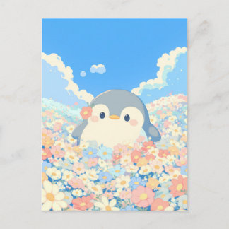 Cartão Postal Cute Penguin in Colorful Spring Meadow