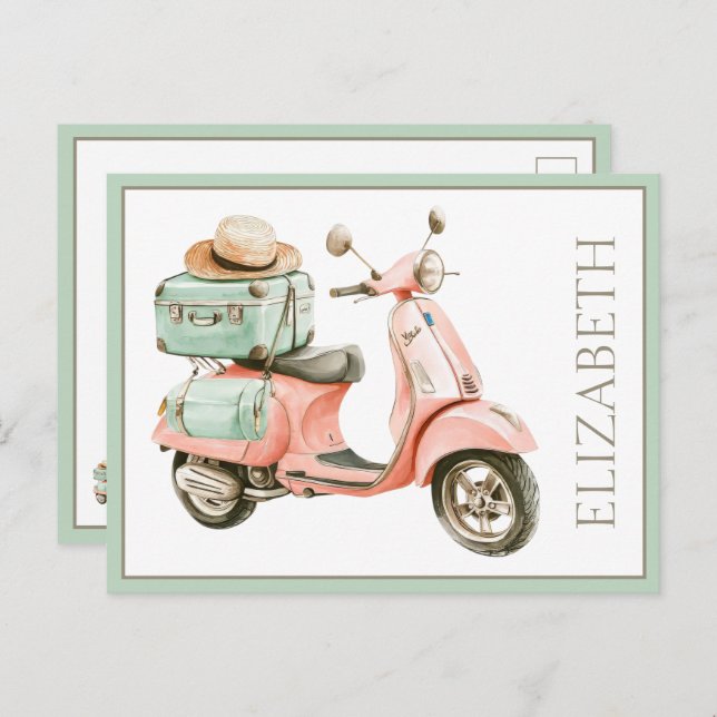 Cartão Postal Cute Pink and Aqua Coastal Scooter (Frente/Verso)