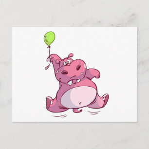 CARTÃO POSTAL CUTE PINK HIPPO ON BALLOON