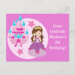 Cartão Postal Cute Pink Princess Girl Birthday Party Invitation<br><div class="desc">A pretty personalized princess birthday party invitation featuring a beautiful little girl in a queen ball gown with pink bows standing in front of a pink and ice blue castle. A cute custom party invite for a little girl. Add your party details on the back of this pink postcard.</div>