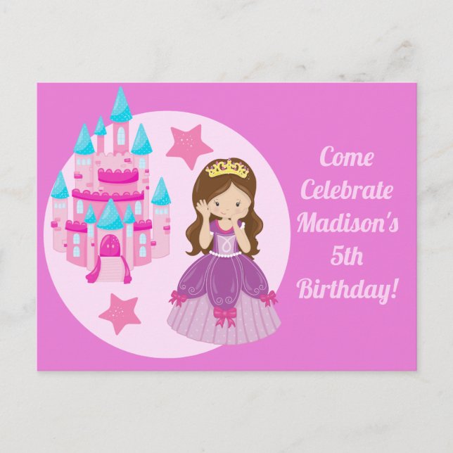 Cartão Postal Cute Pink Princess Girl Birthday Party Invitation (Frente)