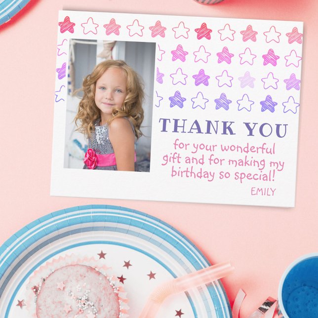 Cartão Postal Cute Pink Star Girly Photo Birthday Thank You (Criador carregado)