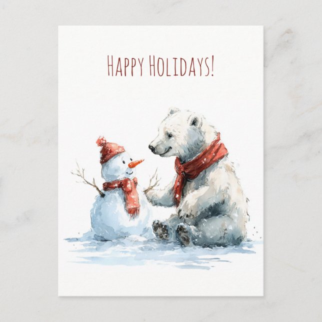 Cartão Postal Cute polar bear build a snowman, Christmas  (Frente)