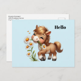 Cartão Postal Cute Pony Eating Daisies