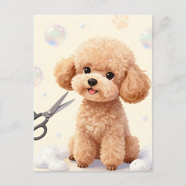 Cartão Postal Cute Poodle Grooming Bubbles Scissors  (Frente)