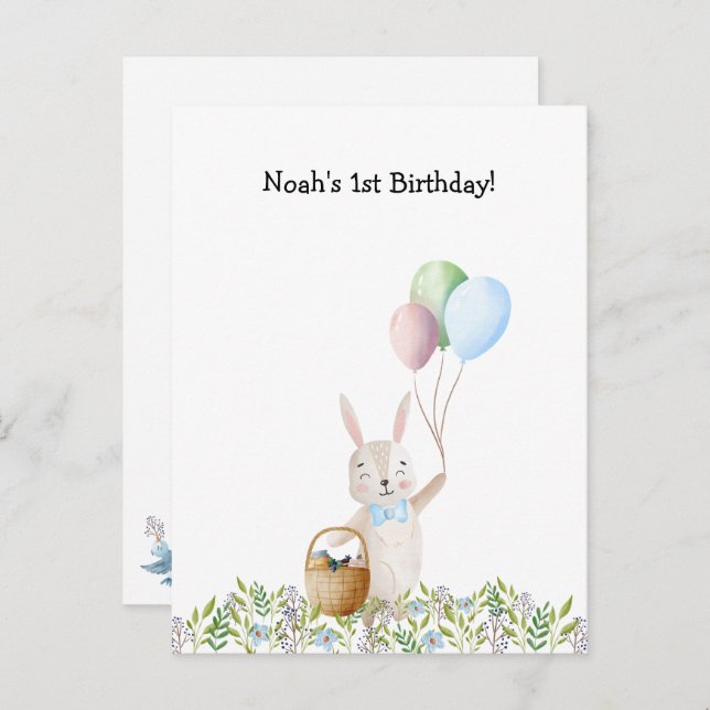 Cartão Postal Cute Rabbit On A Picnic With Balloons Invitation (Frente/Verso)