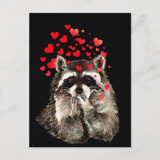 Cartão Postal Cute Raccoon Soprando Beijos Adoram Corações (Frente)