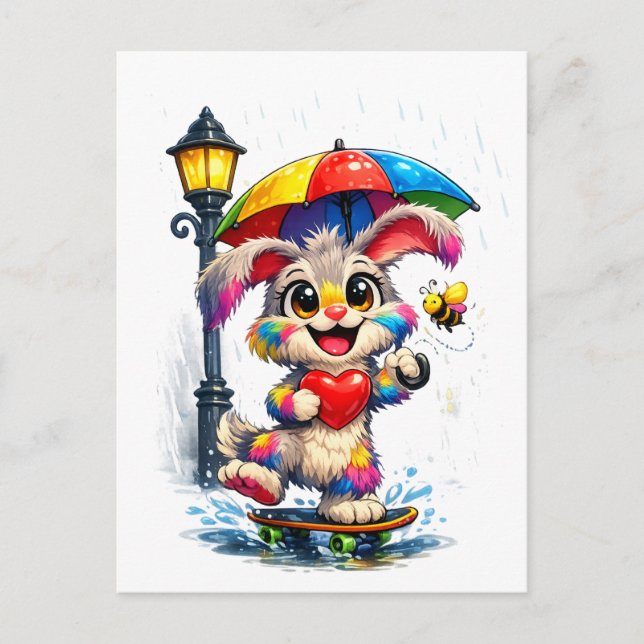 Cartão Postal Cute Rainbow Bunny with Umbrella Design (Frente)