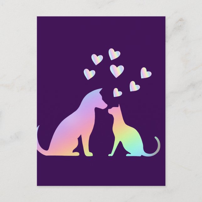 Cartão Postal Cute Rainbow Cat and Dog Silhouette Love Purple To (Frente)