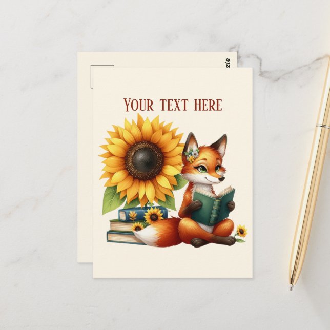 Cartão Postal Cute reading fox customizable (Frente/Verso In Situ)
