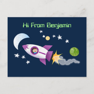 Cartão Postal Cute rocket ship in space cartoon illustration