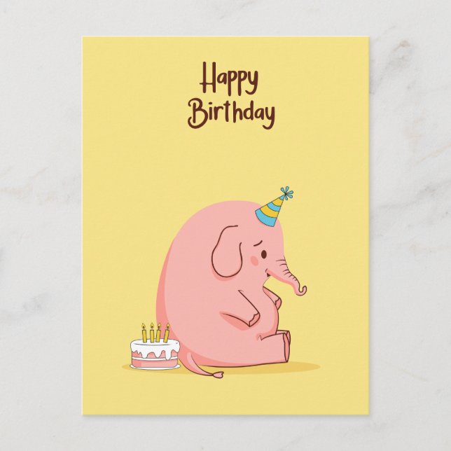 Cartão Postal Cute Sad Elephant Birthday Card – Whimsical Pastel (Frente)