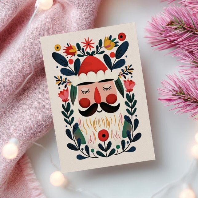 Cartão Postal Cute Santa Claus Abstract Floral Retro Christmas (Criador carregado)