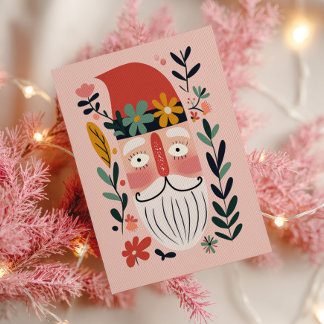 Cartão Postal Cute Santa Claus Retro Floral Pink Merry Christmas