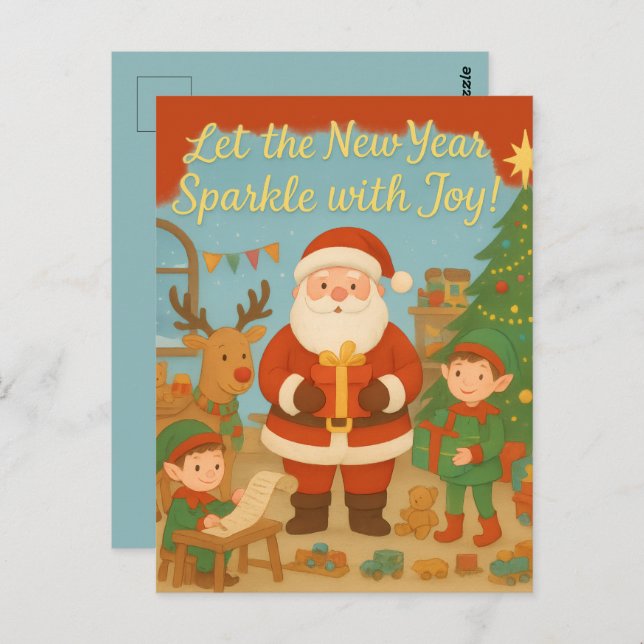 Cartão Postal Cute Santa & Elves New Year Holiday Card (Frente/Verso)