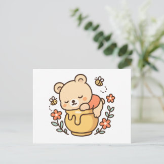 Cartão Postal Cute Sleeping Bear Honey Pot Kawaii Design