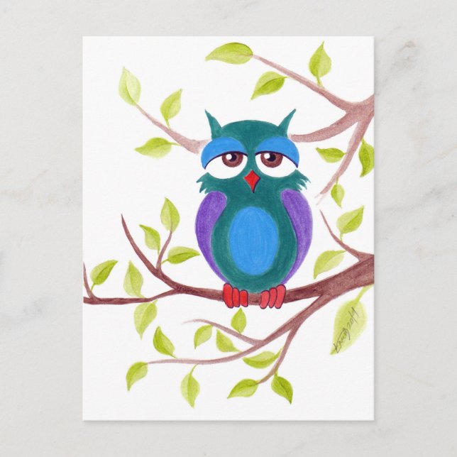 Cartão Postal Cute sleepy owl on a tree cartoon (Frente)