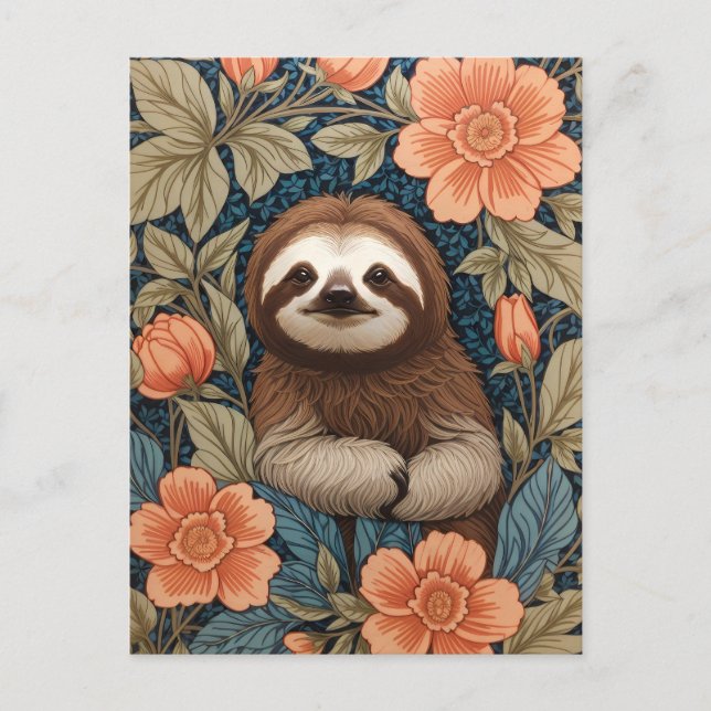 Cartão Postal Cute Sloth Elegant Floral William Morris Inspired (Frente)