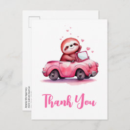 Cartão Postal Cute Sloth in a Pink Convertible Thank You