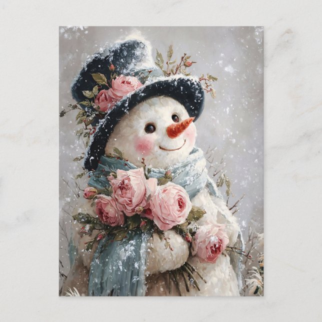 Cartão Postal Cute Snowman with Pink Roses (Frente)