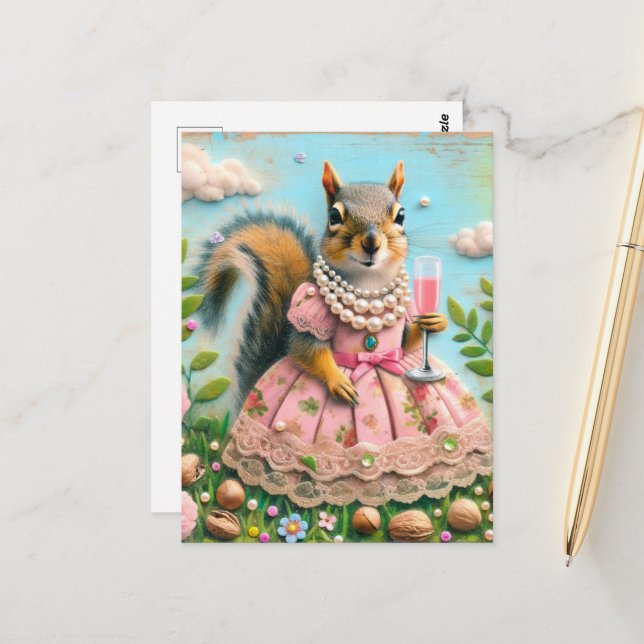 Cartão Postal Cute Squirrel in a Pink Dress with a Drink (Frente/Verso In Situ)